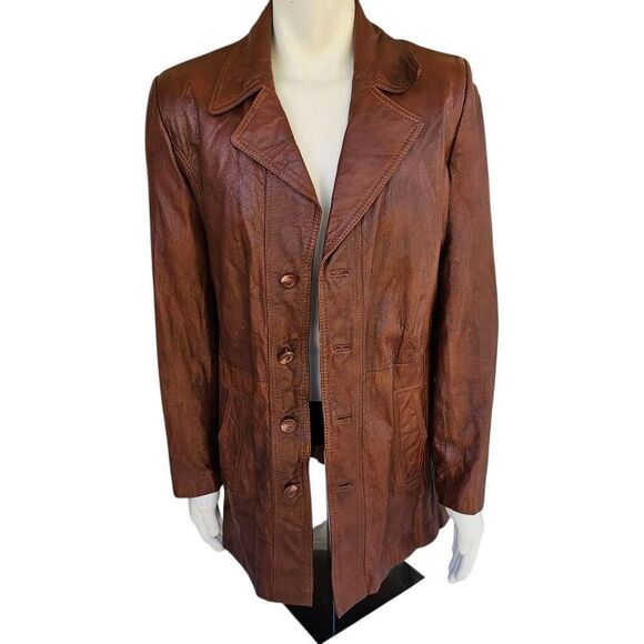 Vintage Designer International Leather Coat 42L Brown 70s Style Zip Liner - Picture 2 of 13